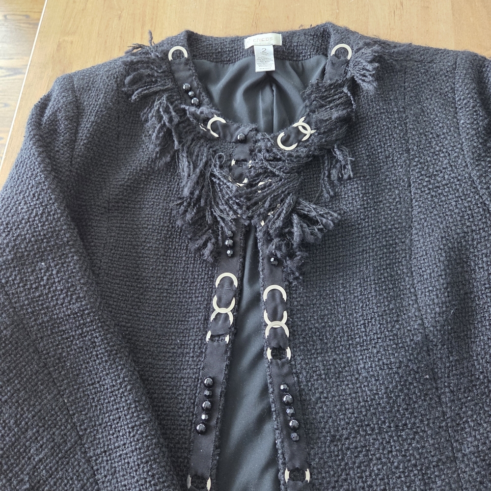 Chico's Black Textured Blazer with Fringe Detail